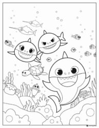 Baby Shark family coloring page underwater with other fish