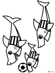 Baby Shark family coloring sheet playing soccer in striped shirts
