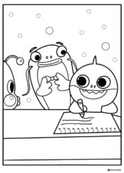 Baby Shark learning coloring page writing in a notebook