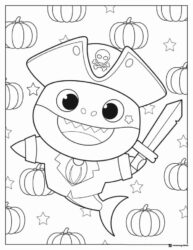 Baby Shark pirate coloring page with sword and pumpkins