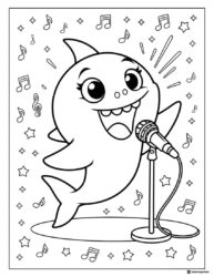 Baby Shark singing coloring page with microphone and music