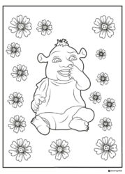 Baby Shrek picking nose with flowers coloring page