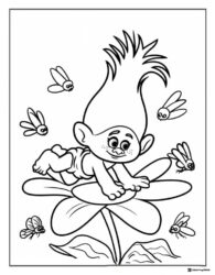 Baby Troll on a flower with flying insects coloring