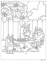 Backyard Picnic Coloring Page with Bluey and Family Under Flowers