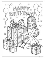 Barbie Birthday Coloring Page with Gifts and Balloons