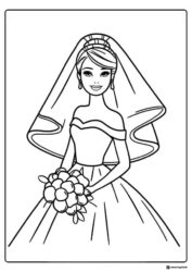 Barbie Bride Coloring Page with Bouquet and Veil