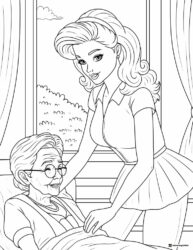 Barbie Caregiver Coloring Page with Elderly Woman