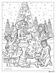 Barbie Christmas Coloring Page with Friends and Dog