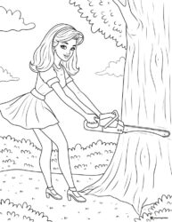 Barbie Coloring Page Cutting Tree with Chainsaw