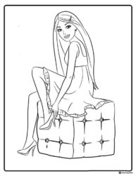 Barbie Coloring Page Sitting and Putting on a Shoe