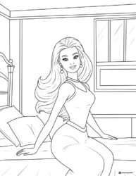 Barbie Coloring Page Sitting on Bed