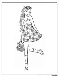 Barbie Coloring Page in Floral Dress with Bag