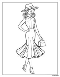 Barbie Coloring Page in Hat and Dress with Handbag