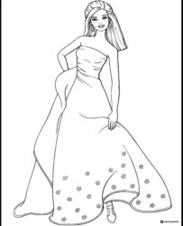 Barbie Coloring Page in Long Gown with Flowers