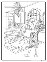 Barbie Coloring Page in Pajamas with Cat in Bedroom
