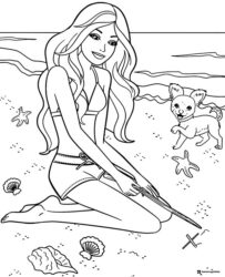 Barbie Coloring Page on Beach with Dog and Shells