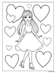 Barbie Coloring Page surrounded by Hearts