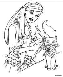 Barbie Coloring Page with Cat and Collar