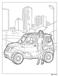 Barbie Coloring Page with SUV in City