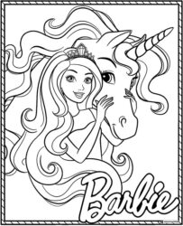 Barbie Coloring Page with Unicorn and Tiara