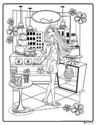 Barbie Coloring Sheet in a Bakery with Cakes