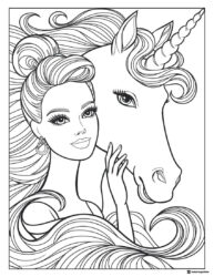 Barbie Coloring Sheet with Unicorn and Flowing Hair