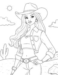 Barbie Cowgirl Coloring Page in Desert Scene