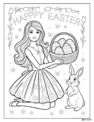 Barbie Easter Coloring Page with Basket of Eggs and Bunny
