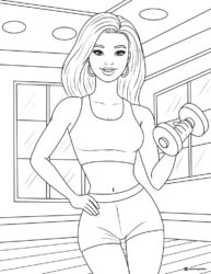 Barbie Fitness Coloring Page with Dumbbell