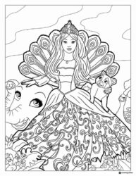 Barbie Princess Coloring Page with Peacock Feathers and Animals