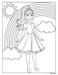 Barbie Rainbow Coloring Page with Sun and Clouds