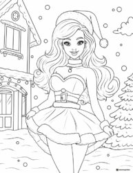 Barbie Santa Coloring Page in Winter Scene