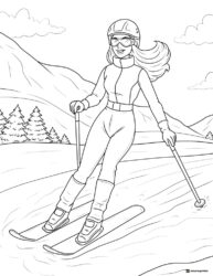 Barbie Skiing Coloring Page in Mountains
