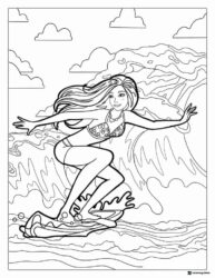 Barbie Surfer Coloring Page on a Wave with Clouds