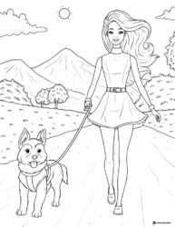 Barbie Walking Dog Coloring Page in Mountains