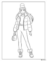 Barbie Winter Coloring Page with Puffer Jacket and Beanie