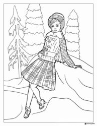 Barbie Winter Coloring Sheet in Plaid Skirt and Hat