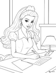 Barbie Writing Coloring Page at Desk with Lamp