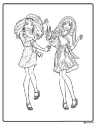 Barbie and Friend Coloring Page in Stylish Dresses