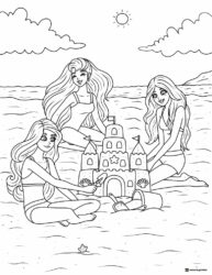 Barbie and Friends Building Sandcastle Coloring Page
