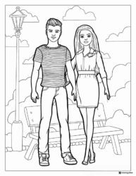 Barbie and Ken Coloring Page in a Park Setting