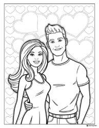 Barbie and Ken Coloring Sheet with Hearts Background