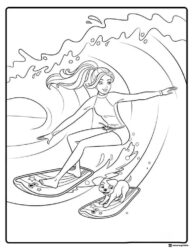 Barbie and Puppy Surfing Coloring Sheet on Waves