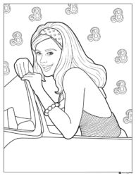 Barbie in Car Coloring Sheet with B Logo Background