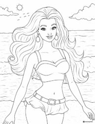 Barbie on Beach Coloring Page in Swimsuit