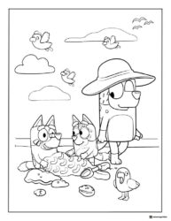 Beach Day Bluey Coloring Page with Birds Shovels and Treats