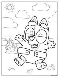 Bingo Coloring Page Running on Beach with Sandcastle
