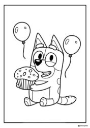 Birthday Dog Coloring Page with Muffin and Balloons