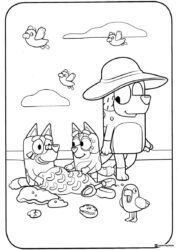 Bluey Beach Day Coloring Page with Birds and Sandcastles