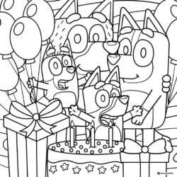 Bluey Birthday Party Coloring Page with Cake and Balloons